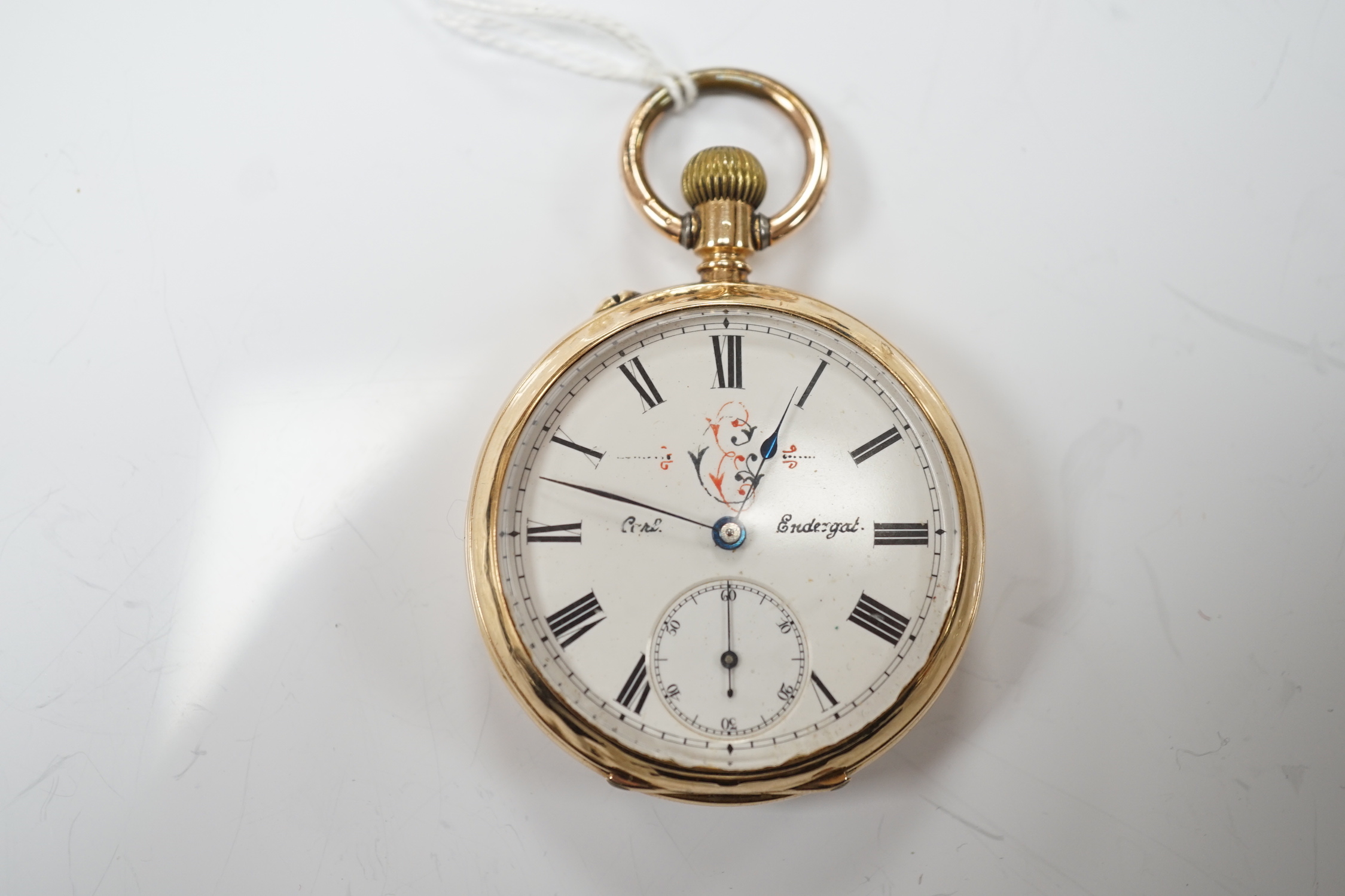 A Swiss 14k open face keyless pocket watch, with Roman dial and subsidiary seconds, case diameter 47mm, gross weight 85.2 grams.